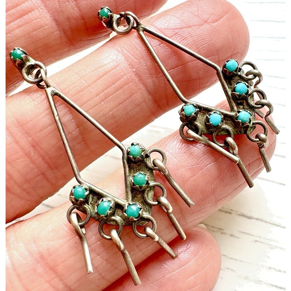VTG‎ Old Dark Patina Turquoise Navajo Earrings Fringe Snake Eye Post Sterling